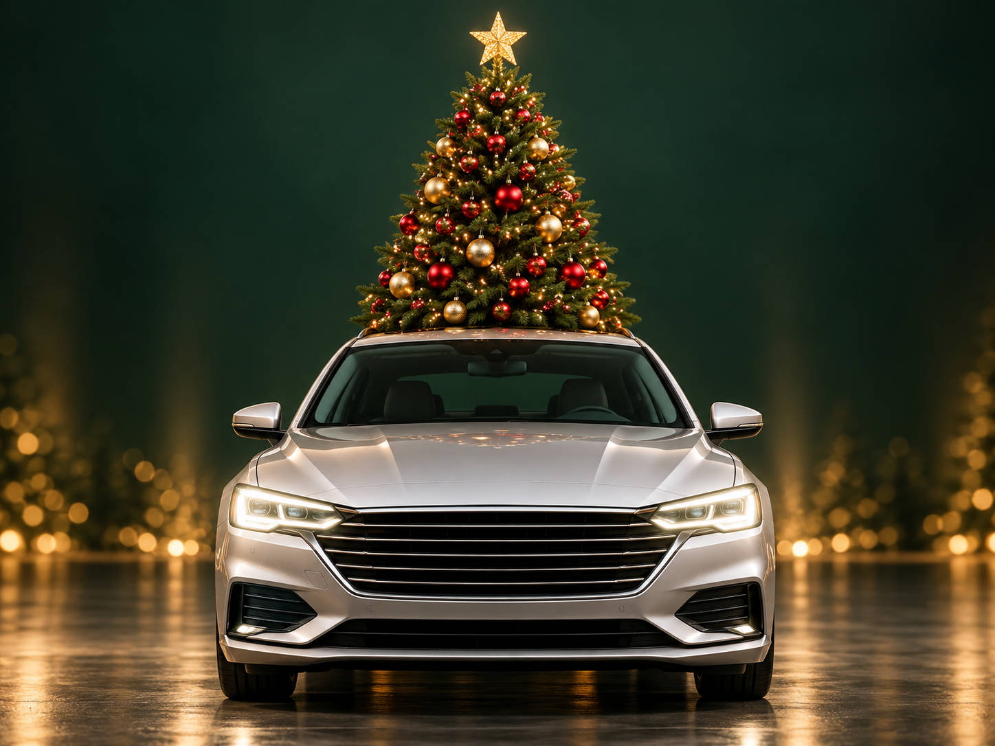 AI-generated Christmas campaign concept: a front-facing unbranded car with a decorated tree on its roof; not actual inventory