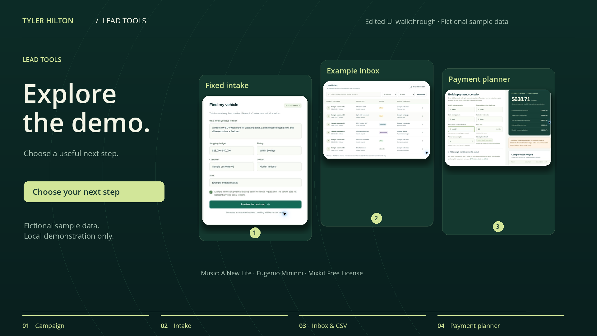 Lead Tools walkthrough with the fictional intake, inbox and payment planner