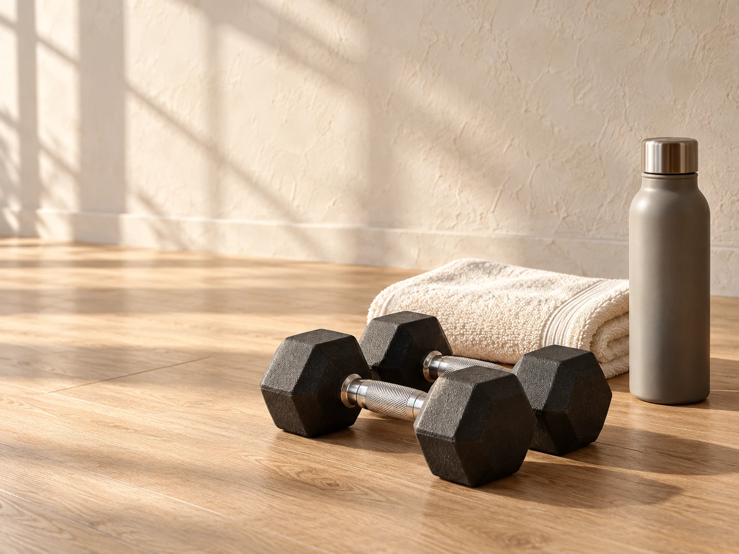AI-generated photographic-style concept: fitness weights, a towel and water bottle in a sunlit studio.