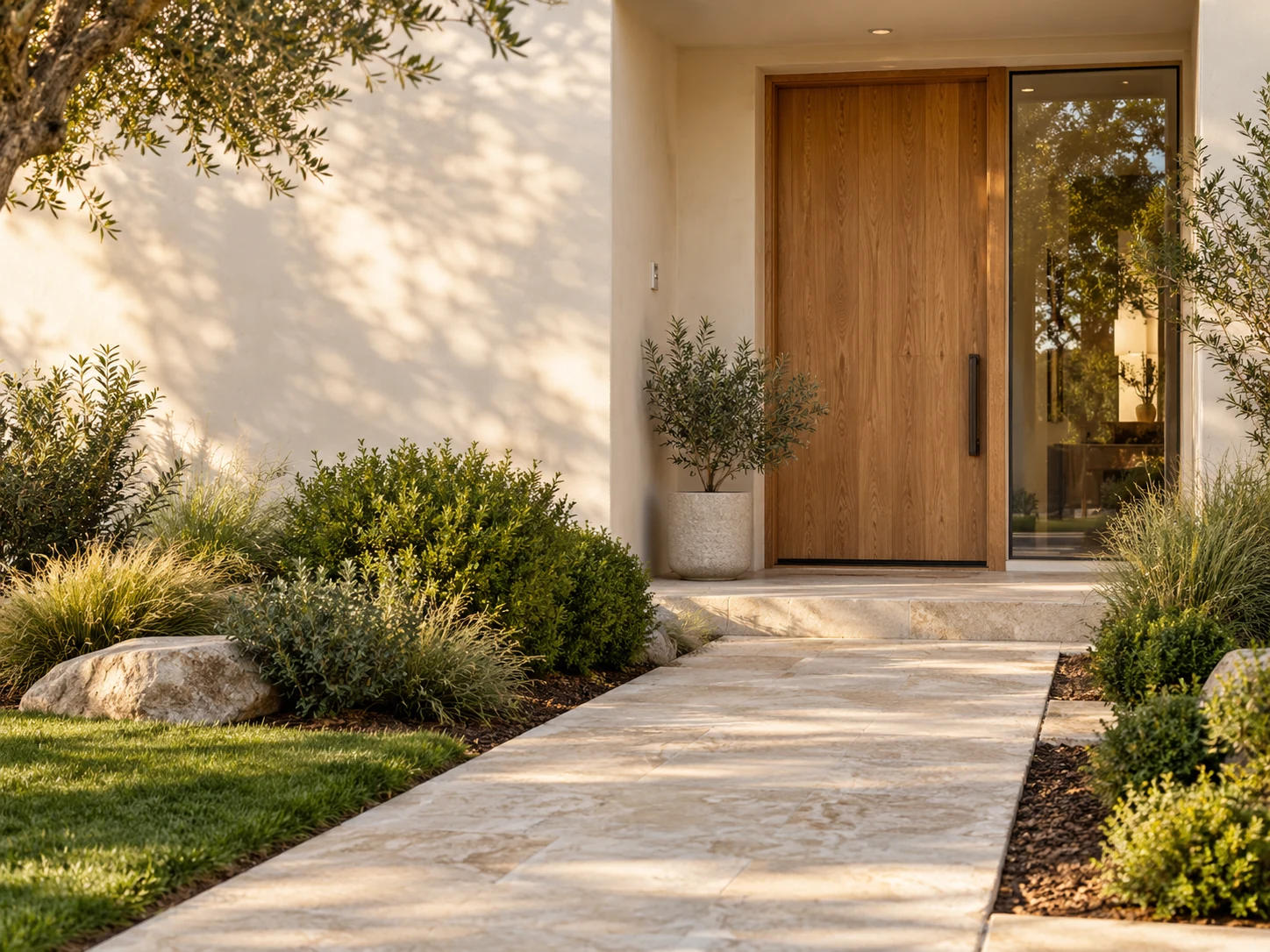 AI-generated photographic-style concept: a welcoming home entry and landscaping.