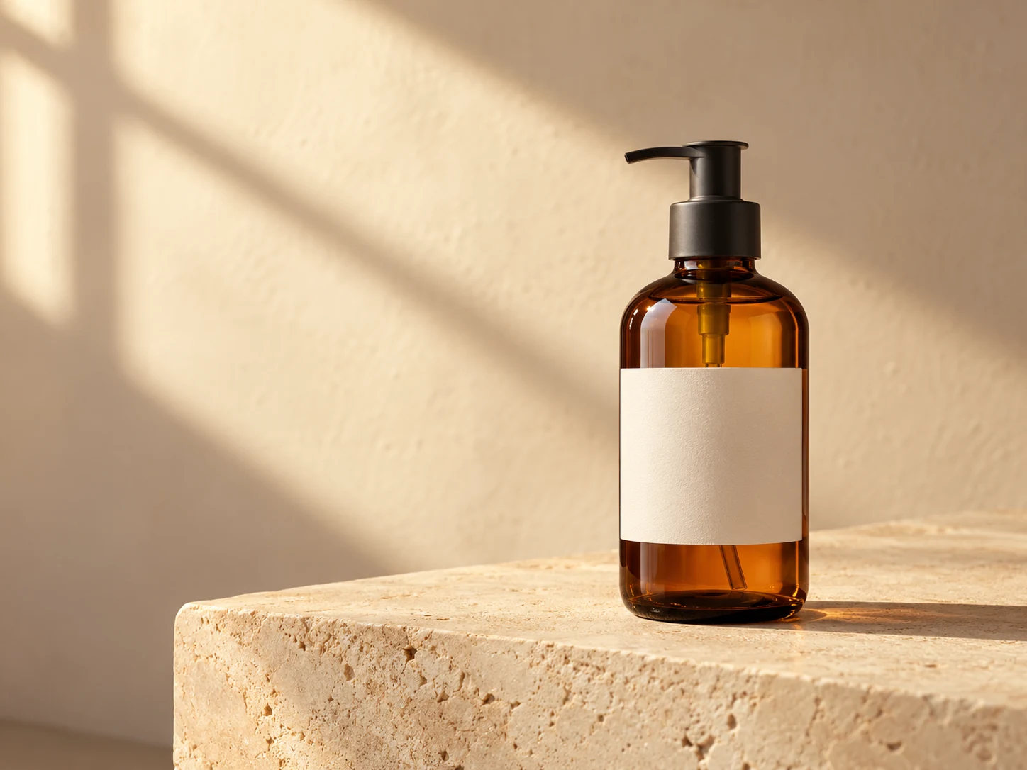 AI-generated photographic-style concept: an amber glass product bottle on natural stone.